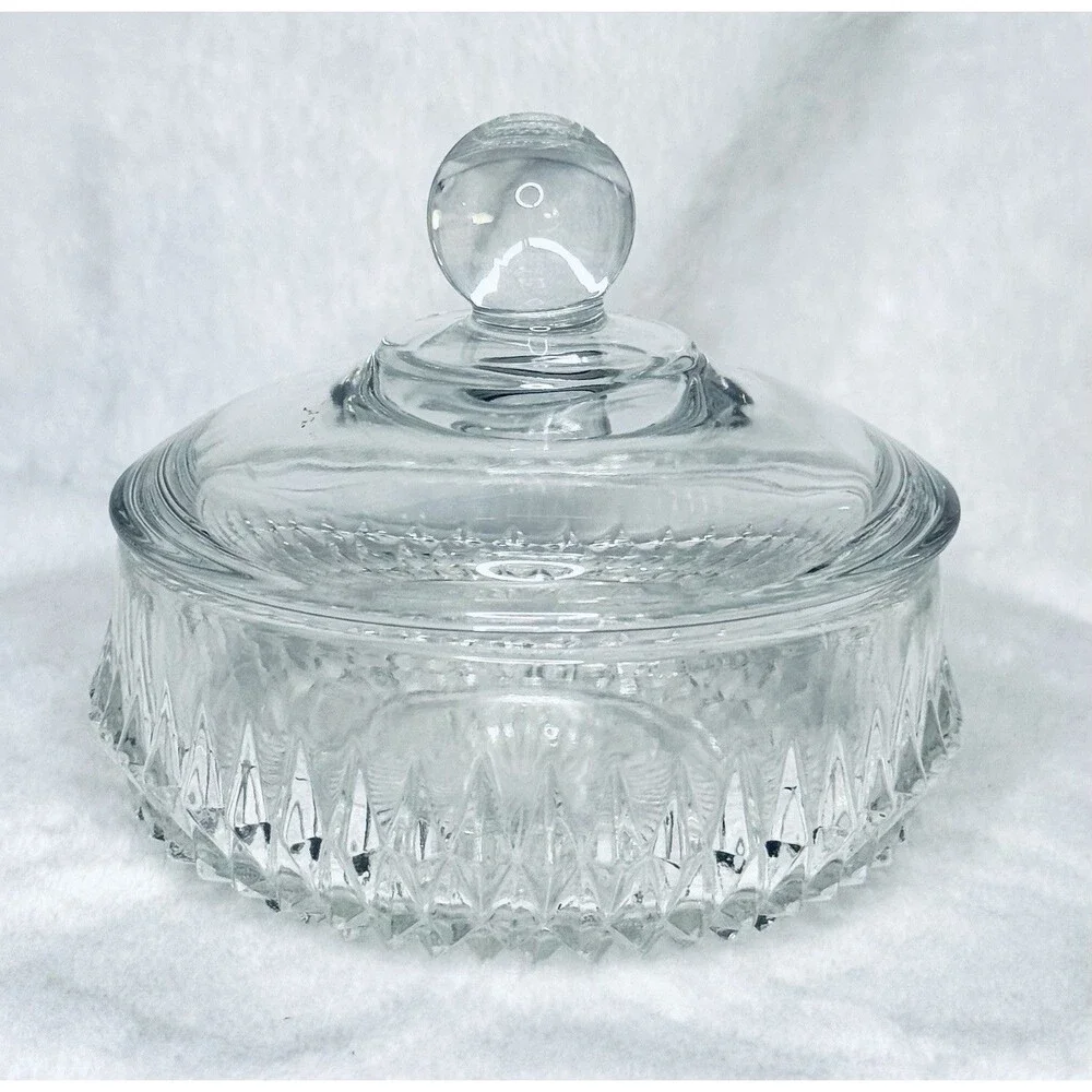 Vintage Cut Glass Covered Candy Dish Bowl Diamond Pattern 4” w Lid